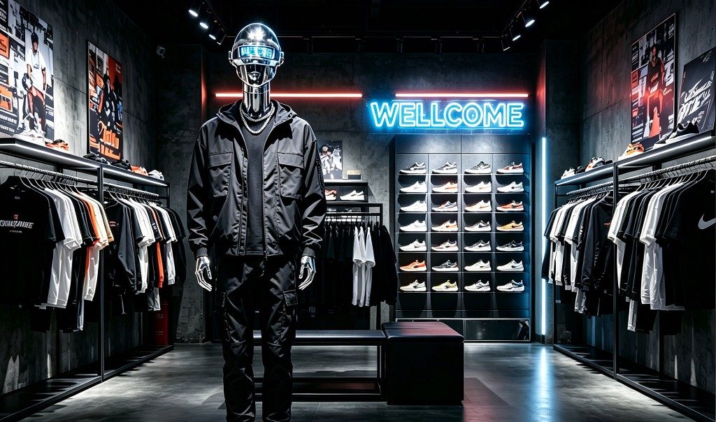 SmartMannequin in a streetwear retail store with LED WELLCOME display